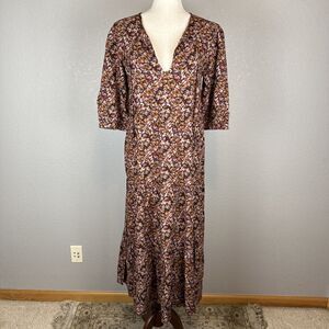 Natural Life Floral Print Boho Tiered Maxi Dress Size XS/S Tie Neck 3/4 Sleeve